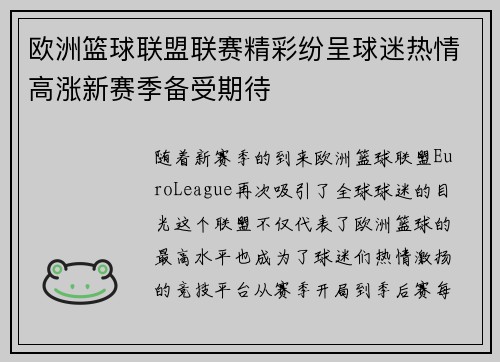 欧洲篮球联盟联赛精彩纷呈球迷热情高涨新赛季备受期待