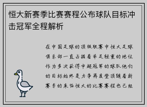 恒大新赛季比赛赛程公布球队目标冲击冠军全程解析