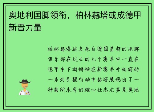 奥地利国脚领衔，柏林赫塔或成德甲新晋力量
